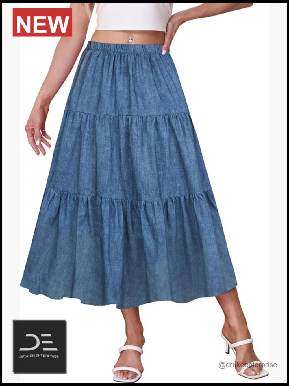 Women's A-Line Midi Skirt with Ruffle Hem, Elastic High Waist, Flowy Tiered